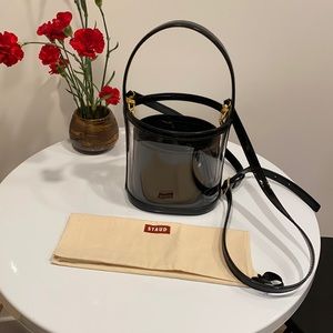 Staud Bisset Black Patent Clear Bucket Bag Leather